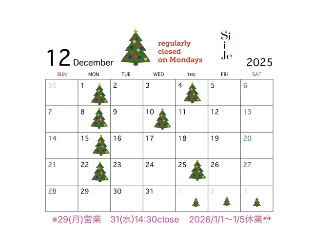 SiiJe~シイジ~12月(11月)休業日のお知らせ